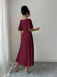 Modelyn Women's Solid Buttercup Yellow Chiffon Ruffle Sleeve Design Summer French Style Vacation Dress - Burgundy - View 2