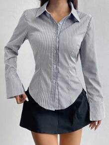 Flirla 女式单排扣休闲修身条纹衬衫 - 彩色 - 查看 5