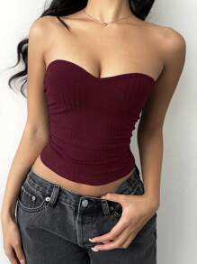 SHEIN BASICS Casual Solid Color Knit Fitted Tube Top For Women/Summer\Off-Shoulder - Rose Red - View 4