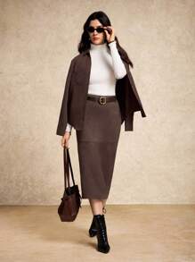 House of One Solid Brown Suede High-Waist Pencil Midi Skirt Women Elegant Old Money Office Fall Women Clothes Casual Spring Fall Fall Outfits Business Professional Women Business Casual Woman