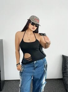 SHEIN POPSWAY Plus Size Women Solid Color Distressed Knit Camisole Top, Minimalist & Fashionable Sexy - Black - View 5