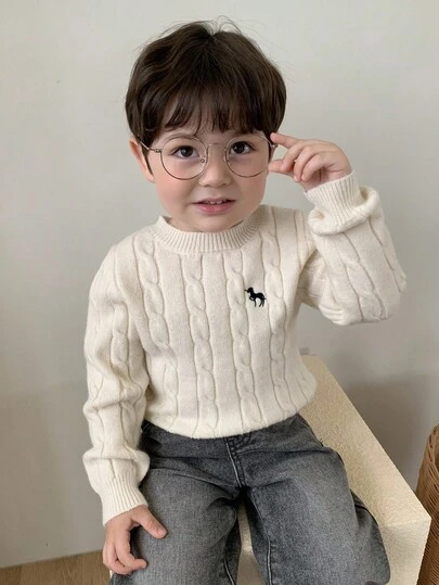 Hapijoa Suéter de cuello redondo de punto de cable con bordado de dibujos animados de unicolor para bebé niño, otoño e invierno