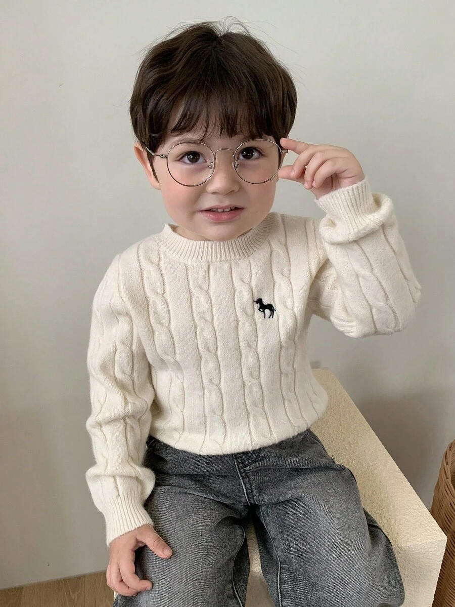 Hapijoa Áo len dệt kim xoắn cổ tròn thêu họa tiết hoạt hình cho bé trai màu trơn thu đông - Màu be - Xem 1