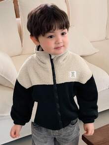 DAZY Baby Boy Letter & Lamb Wool Patchwork Contrast Color Long Sleeve Jacket Thermal Lined,Winter