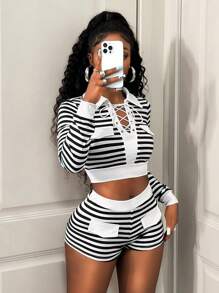 BamGleam 2 Stück/Set Damen Lässig gestreifter Kontrast Farbe Schnürung Kragen Langarm Top und Shorts, Neue Herbstmode, 2025 Neue Eisseide Bluse + Schnelltrocknende Shorts Set Damen lässiger Stil Dopamin Tragen kann außerhalb getragen werden Hauskleidung Herbstkleidung für Frauen - Schwarz und Weiss - Übersicht 5