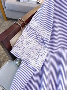 GlowEve CURVE 大码女式条纹印花上衣简约圆领拼接蕾丝外出度假夏季波西米亚风蕾丝上衣