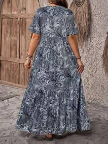 EMERY ROSE 加大码 V 领植物印花宽松休闲长裙，乡村休闲度假装女士，简约时尚日常穿着，女士夏季上衣，女士夏季服装