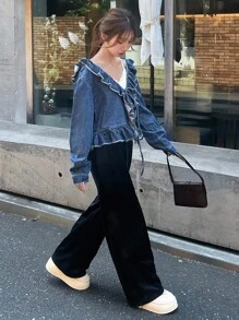 FRIFUL Women's Casual Washed Ruffle Tie Front Denim Blouse Long Sleeve Women - Blue - View 4