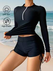 Swim SPRTY Women's Summer Zip-Up Long Sleeve Rash Guard & Drawstring Shorts Swimsuit Set, Black, Suitable For Surfing, Beach