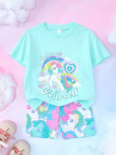 My Little Pony X SHEIN 2pcs/Set Young Girls Cartoon Pattern Short Sleeve T-Shirt And Shorts Unicorn Shorts Set For Girls Kawaii Clothes For Girls Short Sleeve Sets Girl Summers
