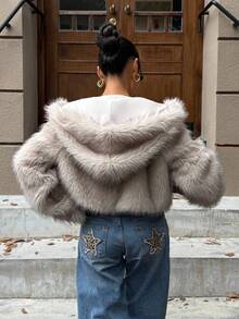 SHEIN EZwear 冬季新款女士人造毛皮连帽短款夹克 - 棕色 - 查看 2