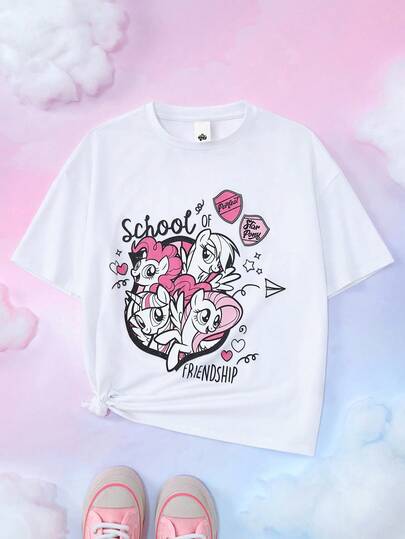 My Little Pony X SHEIN Tween Girl Letter & Cartoon Graphic Round Neck Short Sleeve T-Shirt, Summer