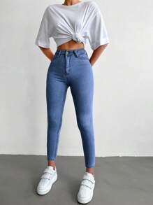 EURMUSE 96% Cotton High Waist Skinny Cropped Jeans - Light Wash - View 5