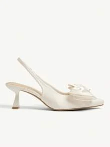 CUCCOO CHICEST Women's Pointed Toe Bow Decor Mid Heel Pumps, Elegant Romantic Sweet Fashion Satin Slip-On High Heels, Suitable For Formal Occasions, Afternoon Tea, Dates, Parties, Christmas, Thanksgiving, Birthdays, Valentine's Day - White - View 8