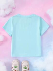 My Little Pony X SHEIN 年轻女孩休闲可爱卡通彩虹字母图案短袖T恤，夏季 - 藍色 - 查看 2