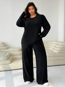 Solflare Bộ đồ ngủ 2 món tay dài cổ tròn màu trơn cỡ lớn dành cho nữ, Bộ đồ mặc nhà 2 món thoải mái dành cho nữ, Bộ đồ mặc nhà 2 món thoải mái dành cho nữ, Bộ đồ mặc nhà tay dài 2 món có gân, Hẹn hò, Hẹn hò, Giữ ấm, Tiệc tùng, Đi chơi, Khách dự tiệc cưới, Sang trọng, Ở nhà, Giáng sinh - màu đen - Xem 4