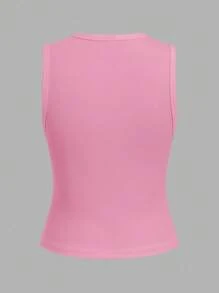 SHEIN BASICS 女士休闲纯色针织圆领无袖修身开襟上衣 - 粉色 - 查看 2