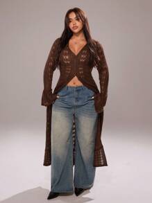 Rustia 返校棕色长款开衫、镂空针织毛衣开衫、休闲风长款喇叭袖毛衣开衫