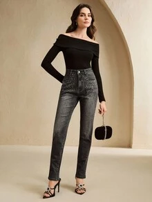 Anewsta 时尚水钻装饰女式黑色紧身裤 - 黑色 - 查看 6