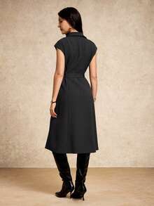 House of One Button-Up Solid Woven Collared Midi Dress Women Casual Business Office Wear Spring Autumn Collared Dress Women Shirt Dress Black Shirt Dress Belted Shirt Dress
