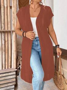 EMERY ROSE Halloween Plus Size Women Sleeveless Hollow Out Long Cardigan, Lightweight, Suitable For Vacation, Commute, St. Patrick's Day, Spring/Summer - Redwood - View 7