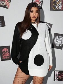 Whyspr Áo len chui đầu họa tiết Thái Cực Quyền màu tương phản thường ngày cỡ lớn dành cho nữ - Đen và trắng - Xem 4