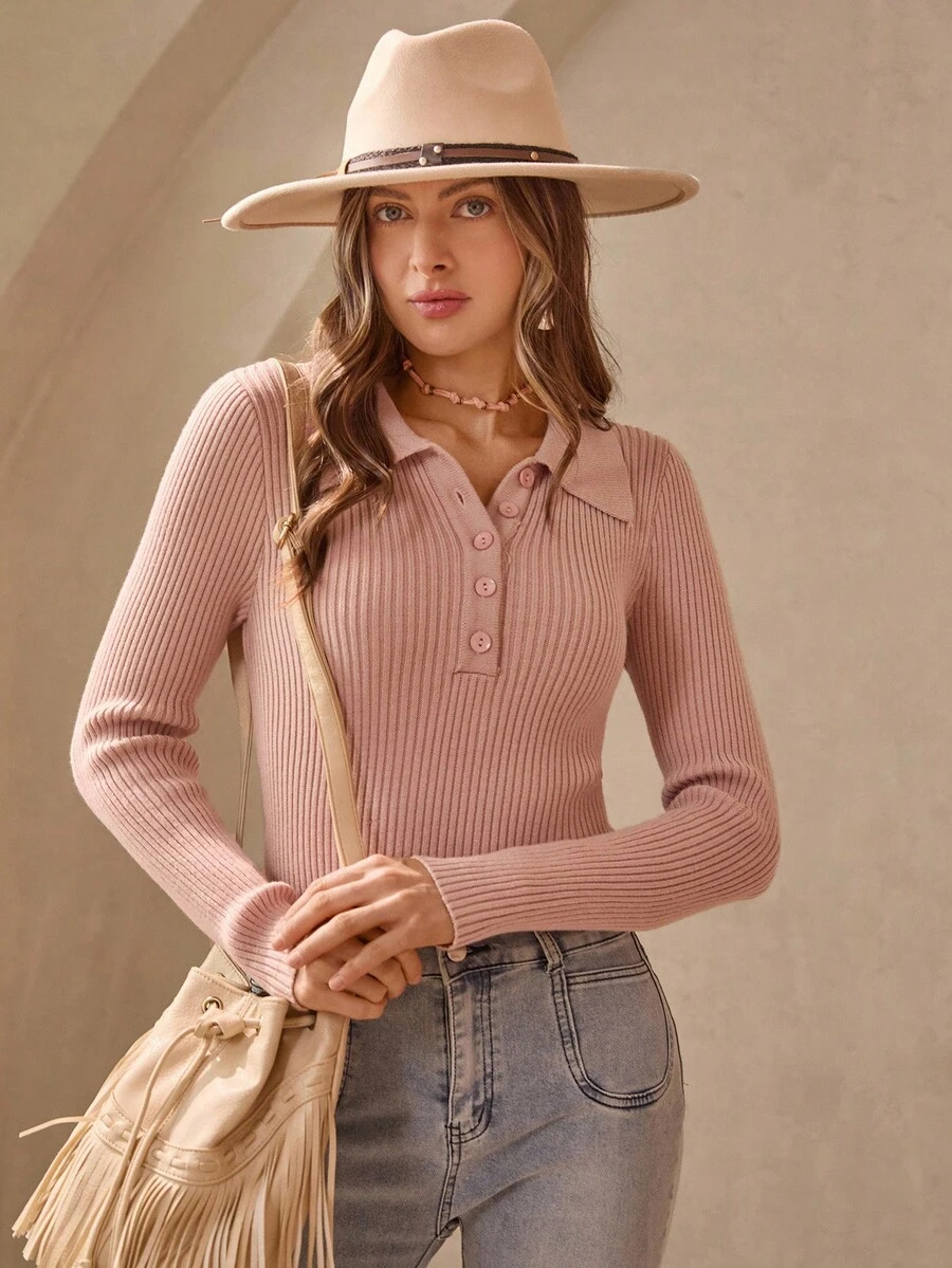 Wildy American Country Style Dusty Pink Autumn Casual Everyday Tight Fitted Polo Collar Half-Zip Slim Fit Pullover Sweater Ribbed Knit Top Button Down - Pink - View 1