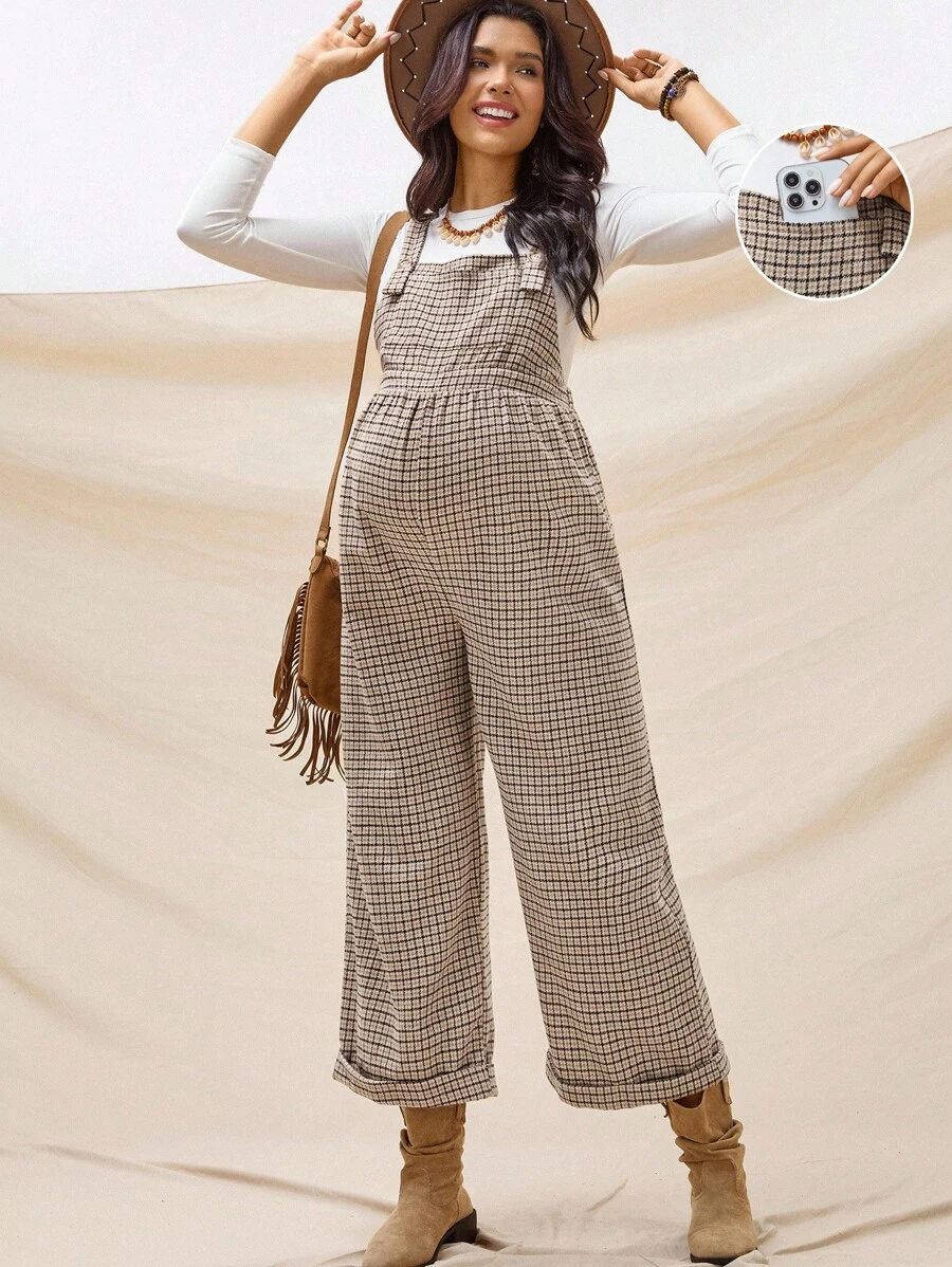 Boho Mama 孕妇格子口袋设计阔腿宽松休闲连体裤秋冬装阔腿连体裤波西米亚格子孕妇装女装连体裤女式孕妇连体裤孕妇阔腿连体裤孕妇装 - 卡其色 - 查看 1