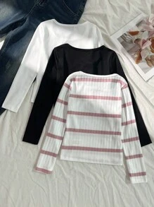 3pcs/Set Tween Girls Casual All-Match Versatile Striped Crew Neck Tight Ribbed Long Sleeve T-Shirts, Autumn/Winter Fall - Multicolor - View 2