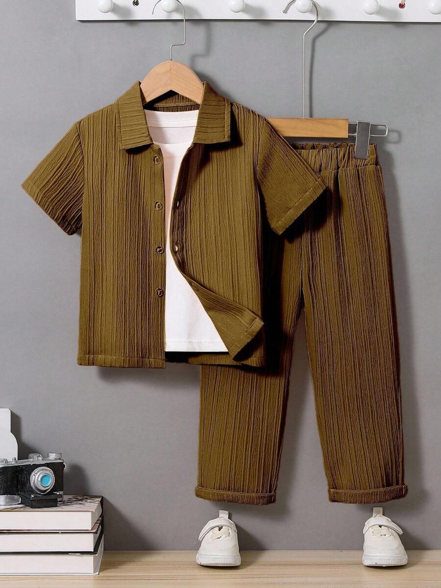 SHEIN 2pcs/Set Setelan Baju Atasan Lengan Pendek dan Celana Panjang Warna Polos untuk Anak Laki-Laki, Liburan Musim Panas - Coklat - View 1
