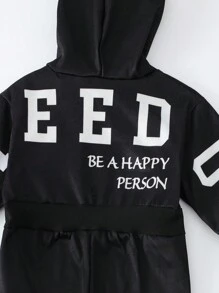 SHEIN Young Girls Letter Print Hooded Flare Jumpsuit One Piece Outfit Full Set Outfit Hooded Jumpsuit Black Jumpsuit Fall Winter