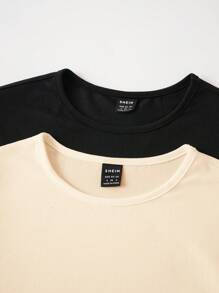 SHEIN BASICS Bộ 2 bộ đồ liền thân dệt kim cổ tròn tay dài màu trơn đơn giản dành cho nữ - Nhiều màu - Xem 7