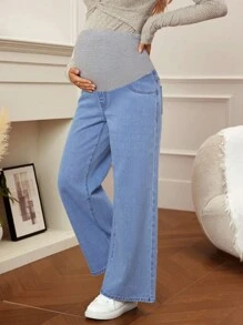 SHEIN 可调节腰部宽腿宽松孕妇牛仔裤 - 淺色水洗藍 - 查看 6