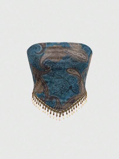 Top tubo bohémien da donna con stampa paisley, frange di perline di legno trasparenti, stile hippie retrò western da festival musicale