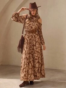 Wildy 浪漫波西米亚风荷叶边露肩长袖连衣裙，棕色，美式乡村度假风格长裙长袖长波西米亚风连衣裙花卉长裙大地色长裙露肩长裙秋季服装乡村音乐会服装返校节西部服装女式波西米亚风女装乡村服装女式百褶裙度假服度假服女式西部连衣裙狂欢服装 - 棕色 - 查看 2