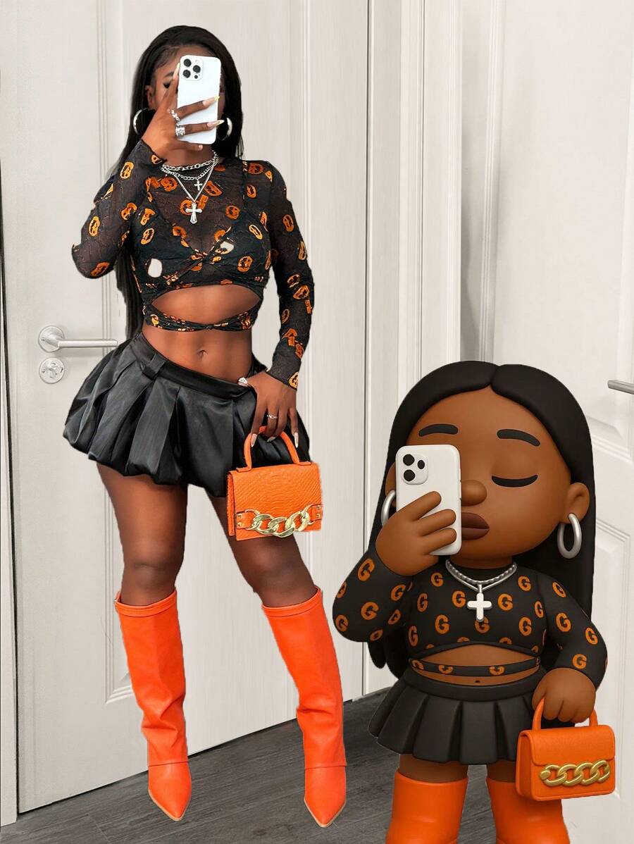 BamGleam Femmes Sexy T-shirt manches longues, ajouré, à motif citrouille en dentelle pour fête d'Halloween - Multicolore - Voir 1