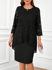 Miaspire Plus Size Women's Round Neck Long Sleeve Lace Stitching Curved Hem Double Layer Elegant Party Red New Years Dress,Winter Clothes For Women,Valentine Day