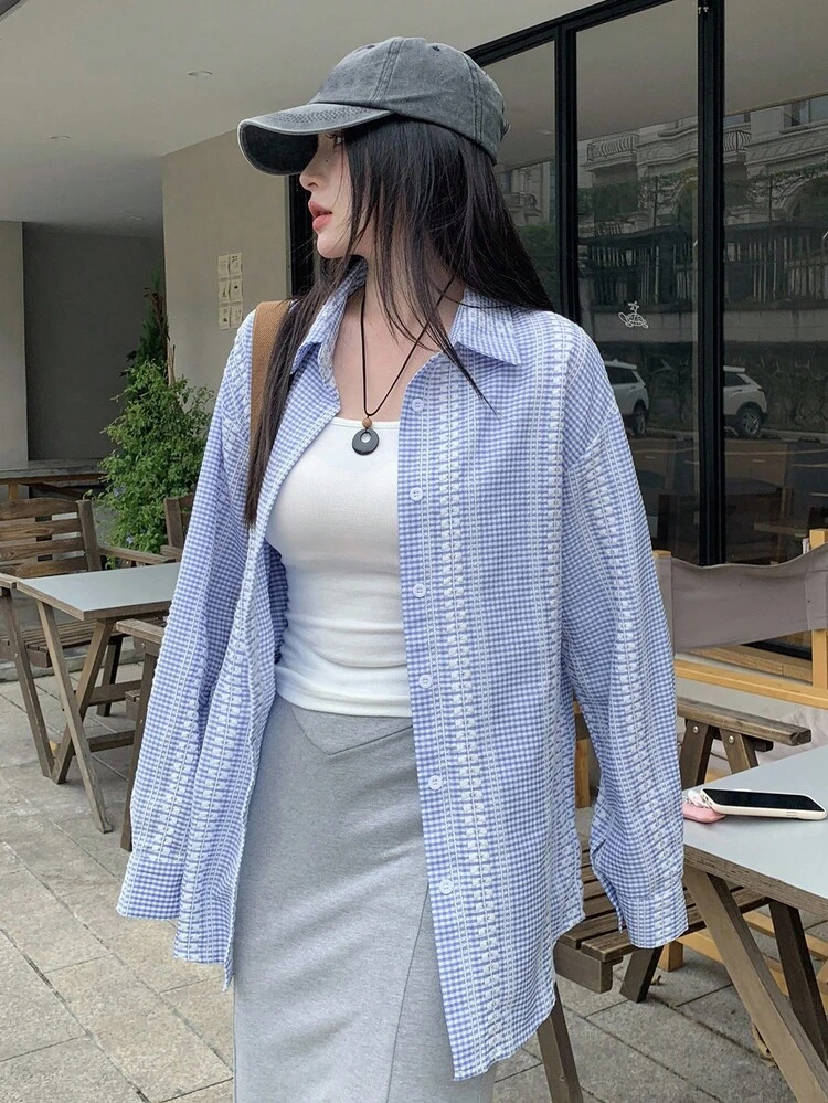 Women's Textured Plaid Loose Casual Street Style Shirt Long Sleeve Top