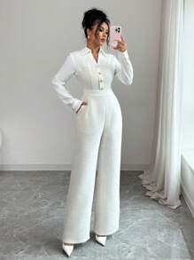 Rafferiza 时尚优雅的纽扣装饰通勤连体裤 - 白色 - 查看 6
