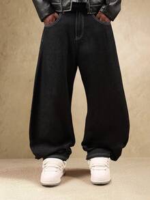 SUMWON 阔腿宽松高腰牛仔裤，印有洛杉矶标志，滑板风格，休闲版型，灯笼裤，现代都市街头时尚纯色 - 黑色 - 查看 2