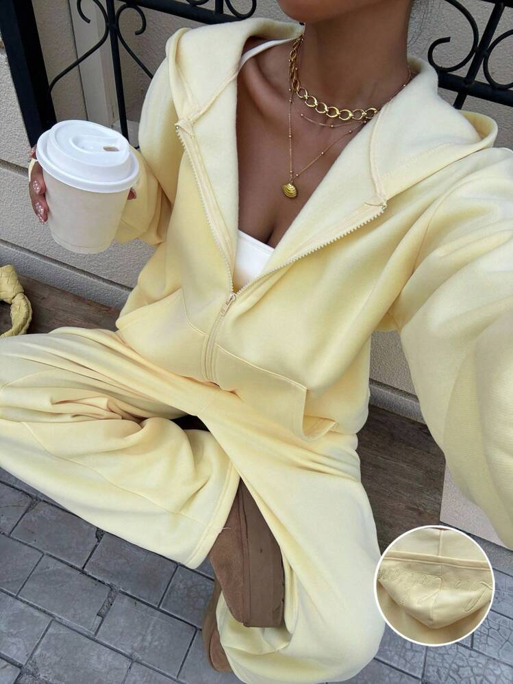 Muchica Conjunto de sudadera holgada casual de mujer en color crema amarillento, nueva llegada de otoño - Amarillo - Ver 1