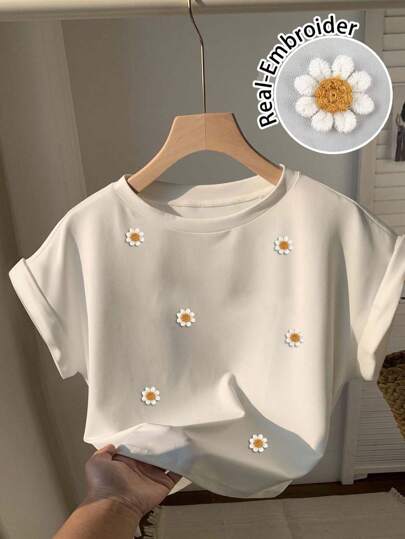 Comfortcana T-shirt ample à manches courtes pour femme, style minimaliste décontracté avec broderie de marguerites. Convient pour l'été, la maison et les fêtes