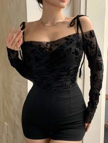 Joudiya 印花网纱植绒撞色无袖吊带背心，系带设计，适合派对、婚礼、春夏秋季外出穿着，女士长袖上衣 - 黑色 - 查看 8