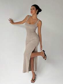 FavEase Đầm Maxi Không Tay Thường Ngày Màu Trơn Khoét Hở Lưng Xẻ Bên Hông Cho Nữ - Màu Khaki - Xem 4