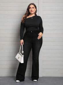 EMERY ROSE Jeans acampanados con forro térmico, con bolsillos, elásticos y de talla grande para mujer en invierno - Negro - Ver 4