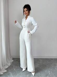 Rafferiza 时尚优雅的纽扣装饰通勤连体裤 - 白色 - 查看 4