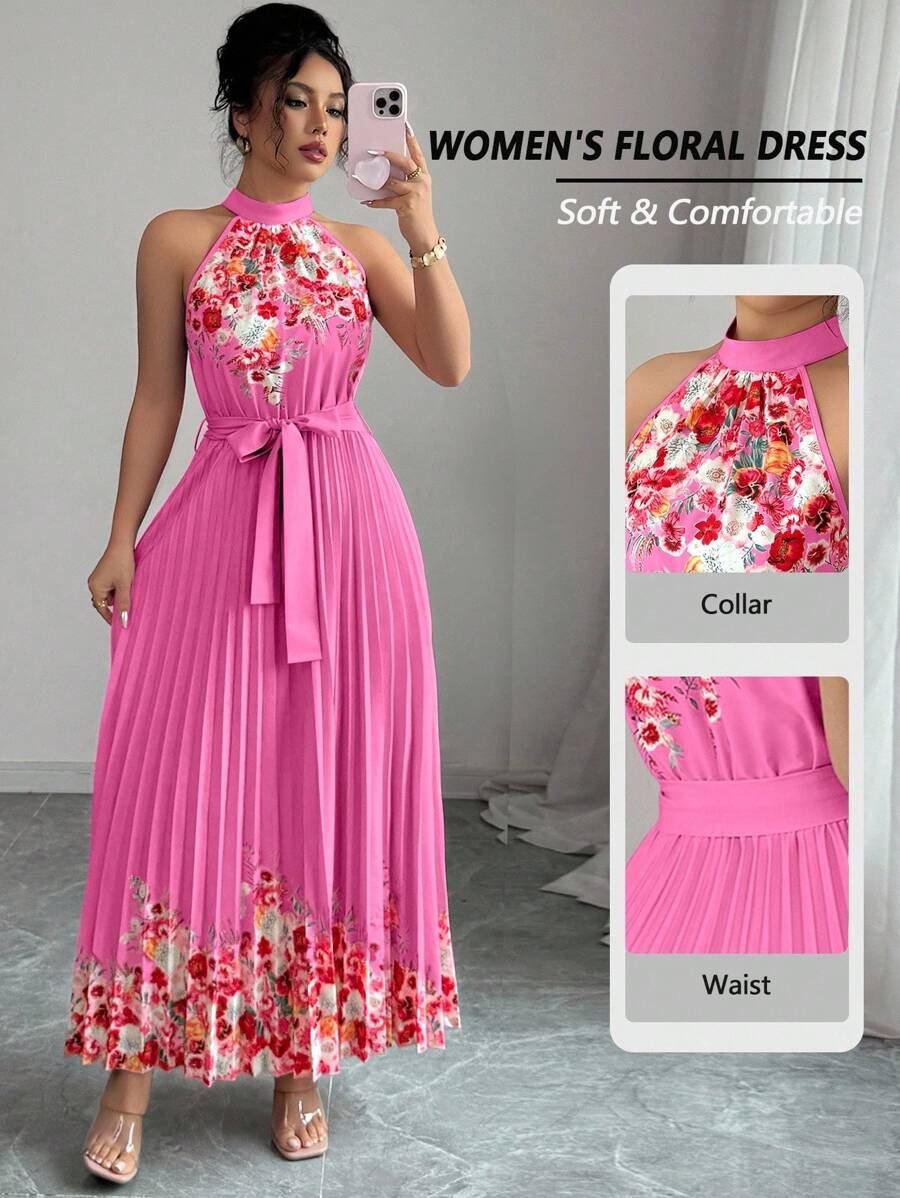 Elenzga 女式夏季优雅花卉宽松露背连衣裙 - 玫紅色 - 查看 1