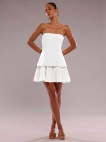 SHEIN BAE 女士优雅纯色褶边抹胸迷你连衣裙，夏季 - 白色 - 查看 4