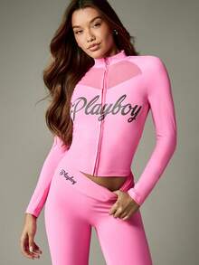 Missguided x Playboy Women Full Zip Athletic Jacket High Neck Long Sleeve Form Fitting Workout Top With Mesh Panel Insert - Pink - View 1
