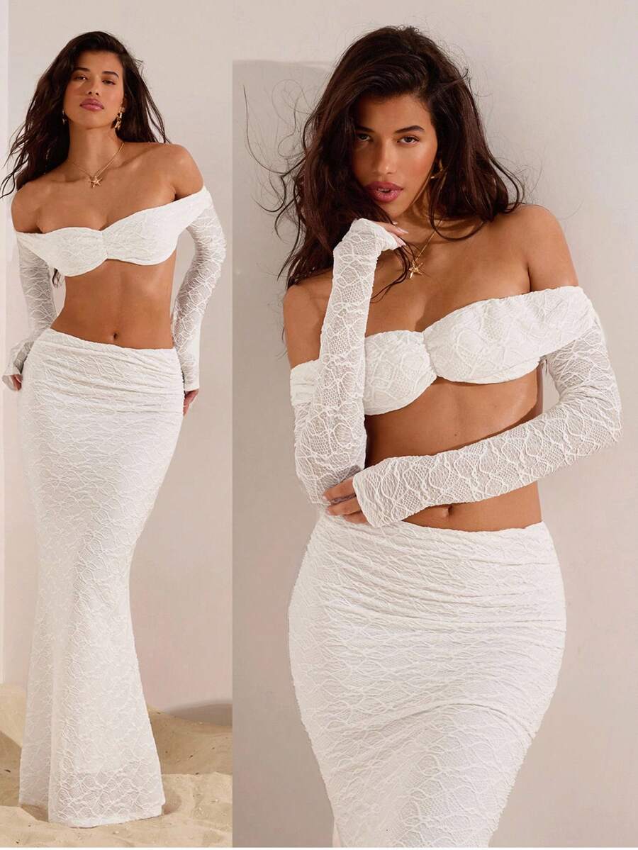 Opulessa Textured Sequin Fabric Off Shoulder Long Sleeve Top And Fish Tail Skirt Sexy Party 2 Pieces Set For Women White Two Piece Set Lace Two Piece Set White Lace Two Piece Set Cream Two Piece Set Off The Shoulder Two Piece Set White Lace Two Piece Outfit Off Shoulder Two Piece Set Autumn Beautiful Dress,Off The Shoulder - Black - View 1